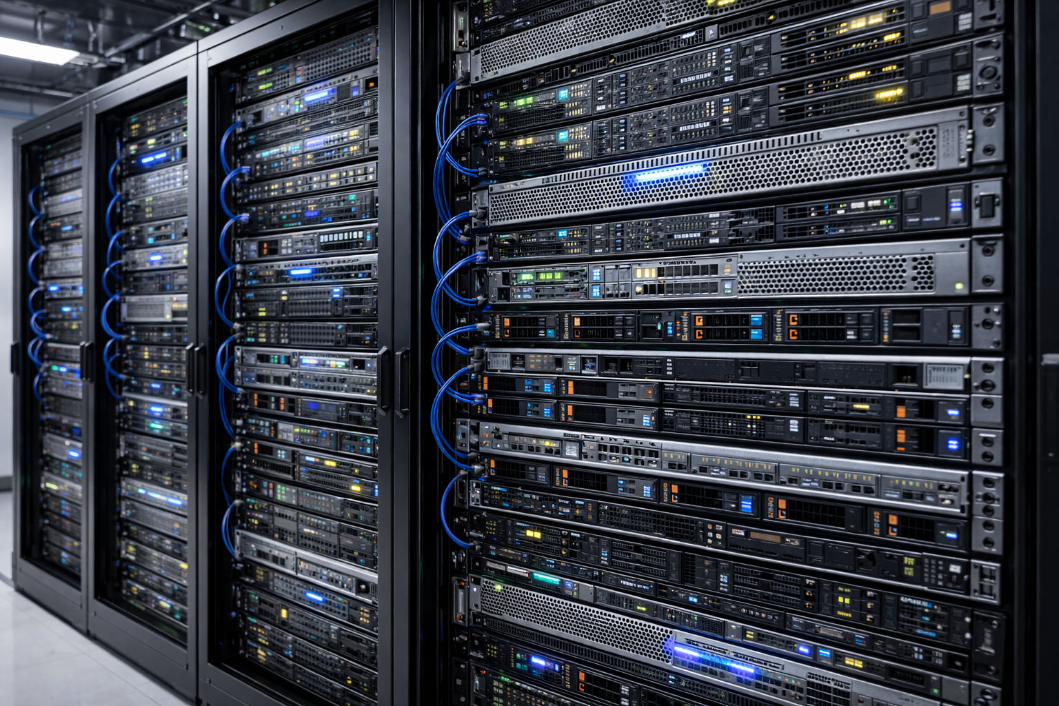 Server room with racks and network equipment